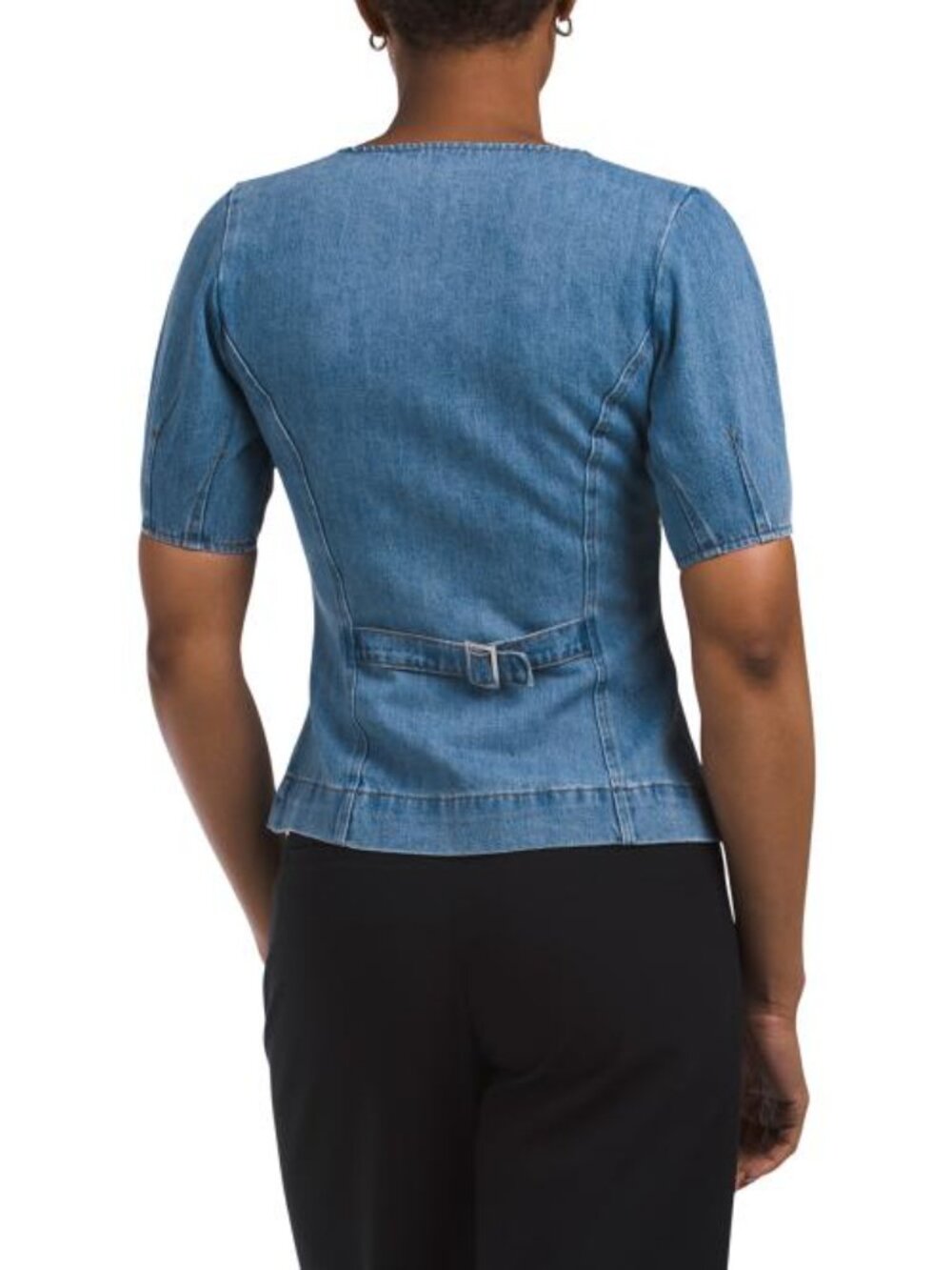 INDUSTRY Short Sleeve Button Front Waisted Denim Top - Picture 2 of 3